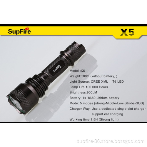 high power 1100lumens and aluminum alloy drop asistance flashlight and emergency rechargeable LED flashlight SupFire X5
